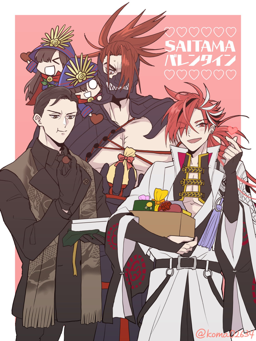 3boys bangs commentary_request earrings fate/grand_order fate_(series) highres jacket japanese_clothes jewelry koma long_hair long_sleeves looking_at_viewer male_focus multicolored_hair multiple_boys open_mouth pectorals red_eyes redhead smile split-color_hair streaked_hair takasugi_shinsaku_(fate) takechi_zuizan_(fate) tanaka_shinbei_(fate) two-tone_hair white_hair white_jacket
