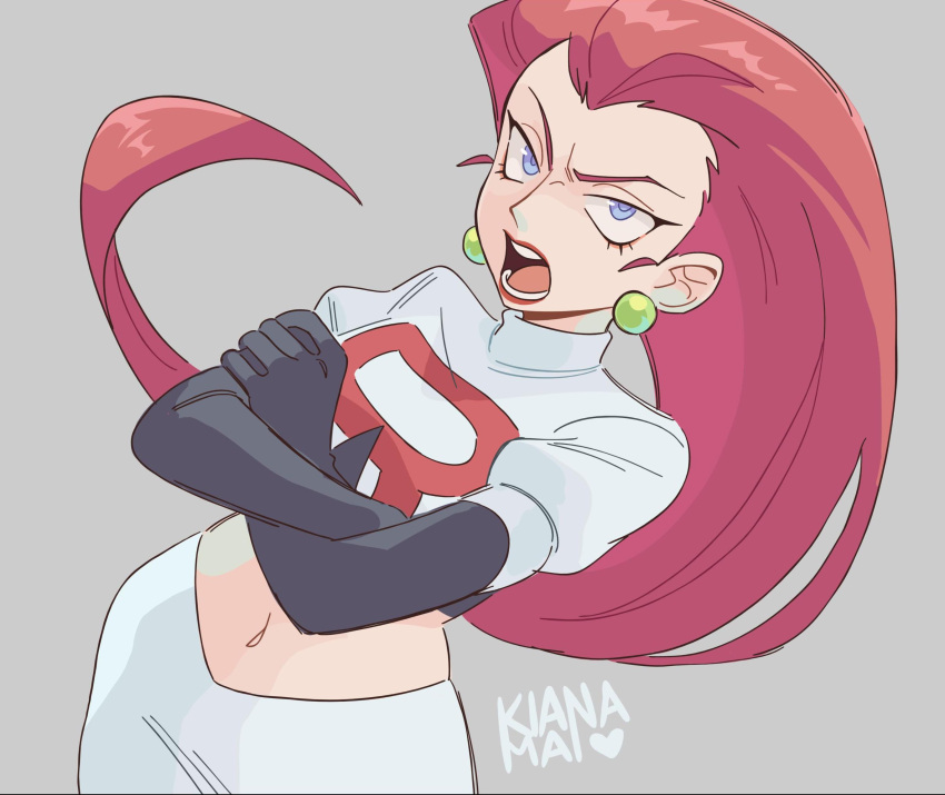 1girl angry black_gloves blue_eyes crop_top earrings elbow_gloves gloves hair_slicked_back highres jessie_(pokemon) jewelry kiana_mai long_hair navel open_mouth pokemon pokemon_(anime) redhead solo standing team_rocket team_rocket_uniform tsurime