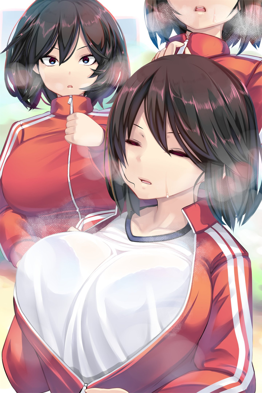 1girl black_legwear blush breasts breath brown_eyes full-length_zipper gym_shirt gym_uniform heavy_breathing highres jacket large_breasts looking_at_viewer original pants partially_unzipped red_track_suit shiki_(psychedelic_g2) shirt solo sportswear steam steaming_body track_jacket track_pants track_suit unzipping zipper zipper_pull_tab