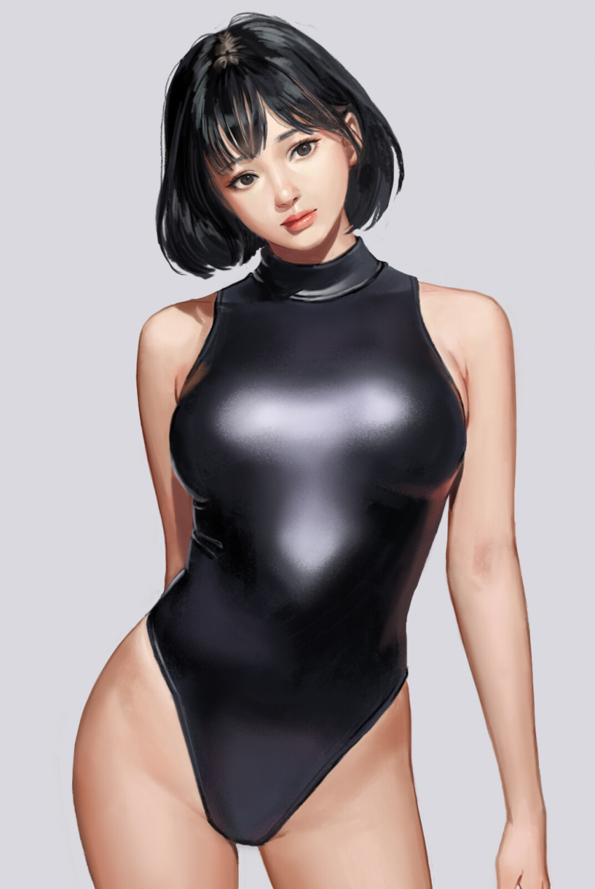 1girl arm_behind_back bangs black_hair black_swimsuit bob_cut breasts contrapposto corgi_(corgi0322) cowboy_shot groin head_tilt highleg highleg_swimsuit highres lips looking_at_viewer nose one-piece_swimsuit original realistic shiny shiny_clothes shiny_swimsuit short_hair simple_background solo standing swimsuit turtleneck turtleneck_swimsuit