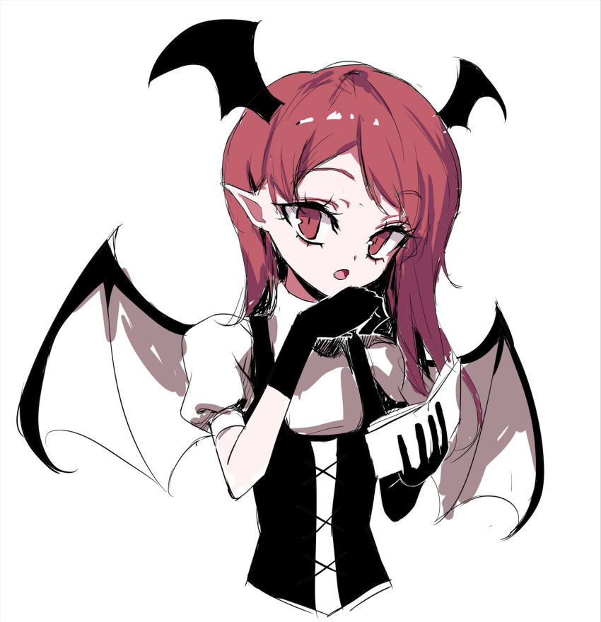1girl :o bangs bat_wings black_gloves black_vest book cropped_torso cross-laced_clothes eyebrows_visible_through_hair eyelashes gloves hair_behind_ear hand_up head_wings highres holding holding_book koakuma long_hair looking_at_viewer neetsr one-hour_drawing_challenge open_book open_mouth pointy_ears puffy_short_sleeves puffy_sleeves red_eyes redhead short_sleeves slit_pupils solo swept_bangs touhou upper_body vest wings