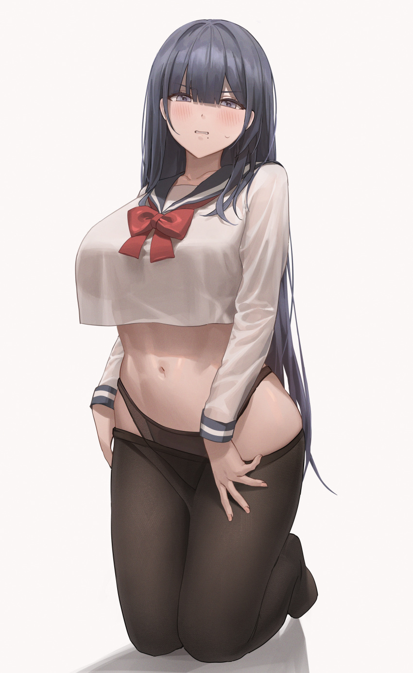1girl absurdres bangs banned_artist black_eyes black_hair black_legwear black_panties blue_sailor_collar blunt_bangs blush breasts clenched_teeth clothes_pull collarbone crop_top crop_top_overhang eyebrows_visible_through_hair full_body highres hinaki_(hinaki_0102) kneeling large_breasts linea_alba long_hair long_sleeves looking_at_viewer midriff mole mole_under_mouth navel neckerchief original panties pantyhose pantyhose_pull parted_lips red_neckerchief sailor_collar see-through see-through_silhouette shirt sidelocks simple_background skindentation solo sweatdrop teeth underwear undressing very_long_hair white_background white_shirt