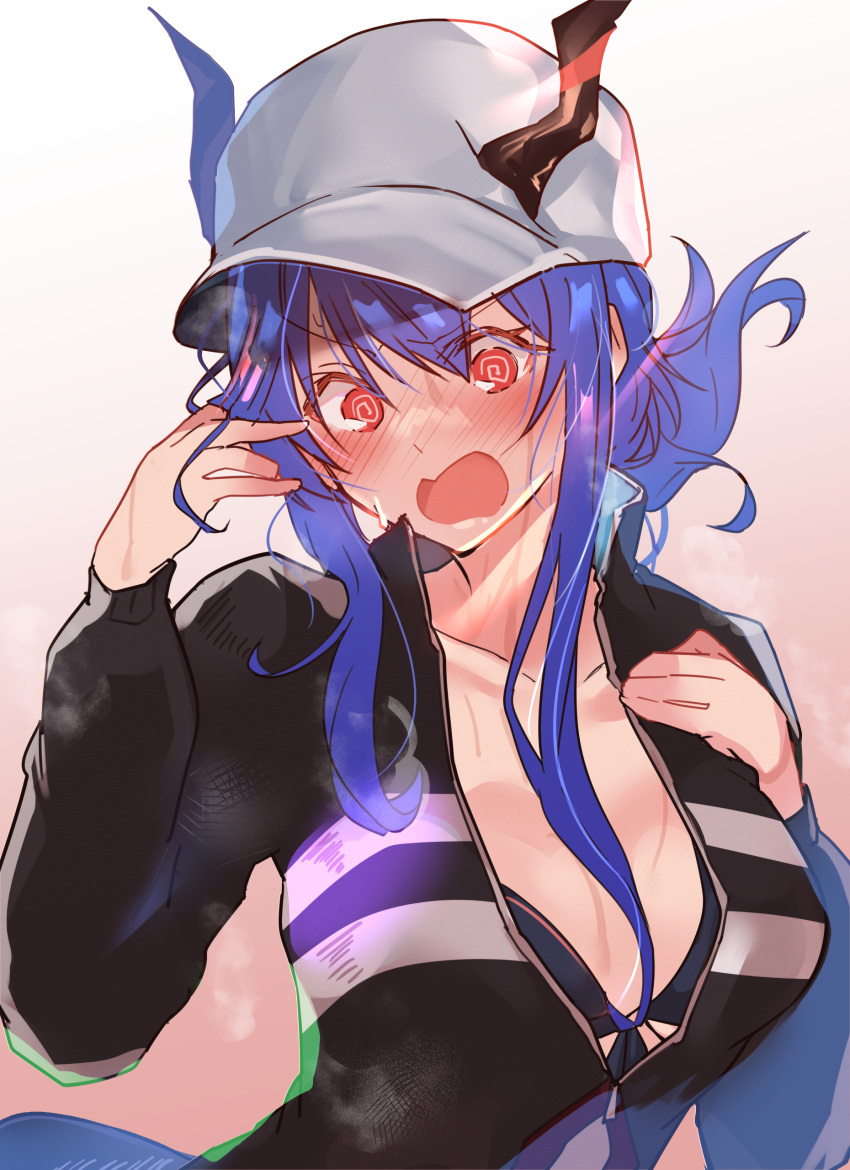 1girl @_@ absurdres arito_arayuru arknights baseball_cap bikini bikini_under_clothes black_bikini black_jacket blue_hair blush breasts ch'en_(arknights) ch'en_the_holungday_(arknights) collarbone eyebrows_visible_through_hair folded_ponytail gradient gradient_background hands_up hat highres horns horns_through_headwear jacket large_breasts long_sleeves official_alternate_costume open_mouth partially_unzipped red_eyes sidelocks simple_background solo swimsuit upper_body white_background white_headwear