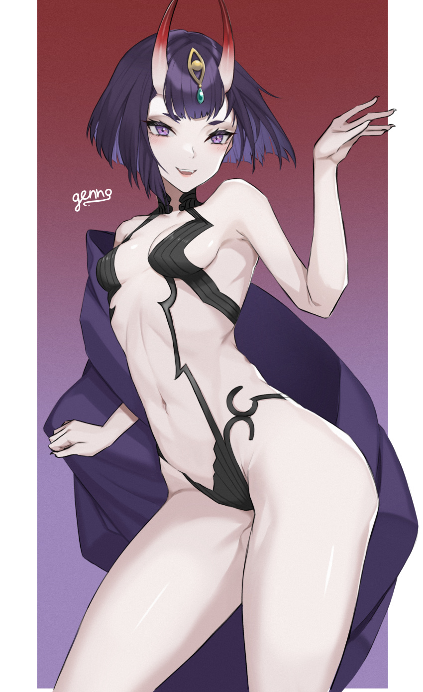 1girl absurdres bangs blush breasts choker fate/grand_order fate_(series) genno_19pkn headpiece highres horns japanese_clothes kimono kimono_removed looking_at_viewer navel oni oni_horns open_clothes open_kimono open_mouth purple_kimono revealing_clothes short_eyebrows short_hair shuten_douji_(fate) signature simple_background skin-covered_horns small_breasts smile