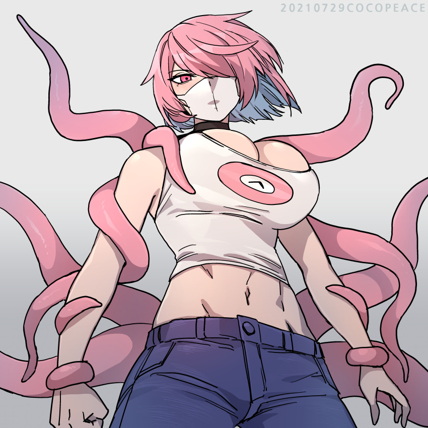1girl absurdres artist_name blue_pants borrowed_character breasts bursting_breasts choker cocopeace dated gradient gradient_background groin hair_over_one_eye highres large_breasts mask midriff mouth_mask navel overmind_(starcraft) pants personification pink_eyes pink_hair short_hair solo starcraft tank_top tentacles upper_body