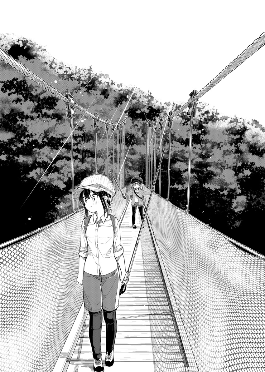 2girls arms_at_sides balancing bangs blush bridge cabbie_hat casual closed_mouth collared_shirt cross-laced_footwear d: dot_nose dress_shirt fishing_rod floating_hair gaiters greyscale hair_between_eyes hanging_bridge hat hatching_(texture) highres holding holding_fishing_rod hood hood_down hooded_jacket jacket legs_apart legwear_under_shorts light_particles light_rays linear_hatching long_hair long_sleeves looking_away looking_to_the_side minagi_hiyori minagi_koharu monochrome multiple_girls nature net official_art open_clothes open_jacket open_mouth outdoors outstretched_arms rope_bridge scenery shadow shirt shoes shorts sidelocks sky sleeves_past_elbows sleeves_rolled_up slow_loop smile sneakers split_mouth spread_arms step-siblings straight-on sunbeam sunlight t-shirt tareme thigh-highs thighhigh_gaiters tree two_side_up uchino_maiko v-shaped_eyebrows walking wide_shot wind wing_collar wooden_bridge