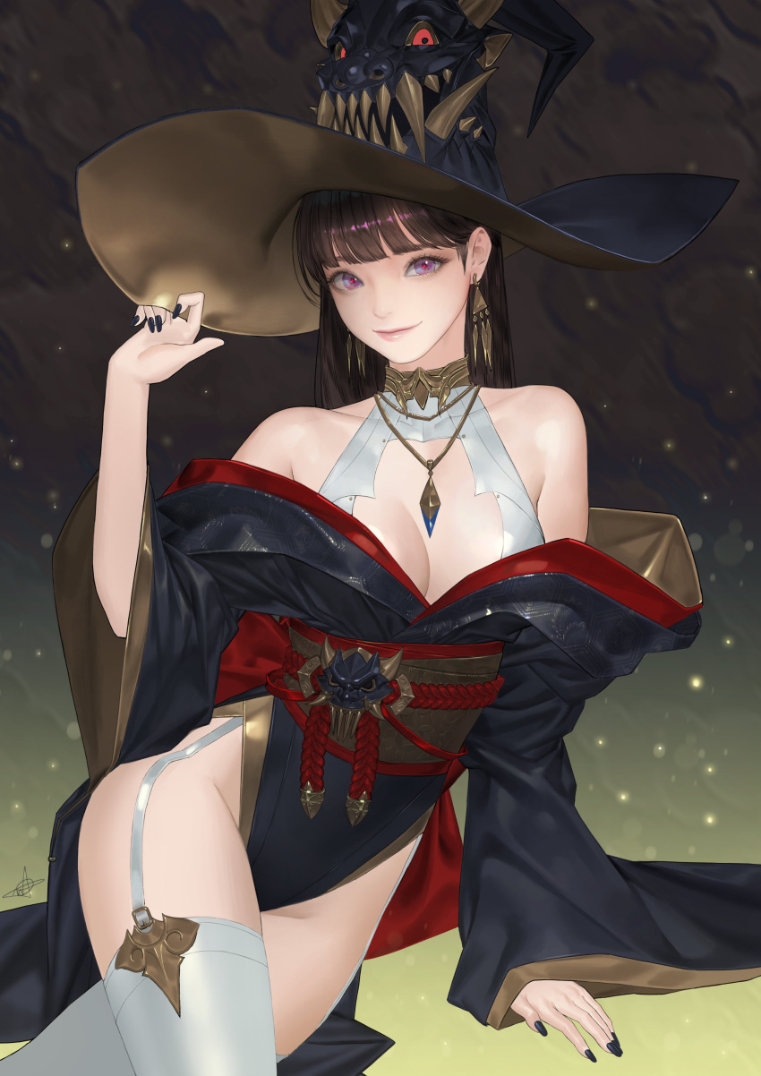 1girl absurdres black_hair black_nails copyright_request daeho_cha earrings hat highres hime_cut japanese_clothes jewelry kneehighs long_hair obi oni pink_lips red_oni sash smile tagme violet_eyes white_legwear witch_hat