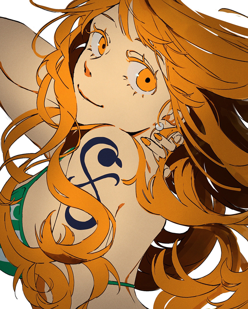 1girl absurdres bare_back bare_shoulders bra breasts earrings floating_hair hair_between_eyes hand_on_own_neck highres jewelry long_hair looking_at_viewer nail nail_polish nami_(one_piece) one_piece orange_eyes orange_hair shoulder_tattoo sideboob solo striped striped_bra tattoo underwear wudus6