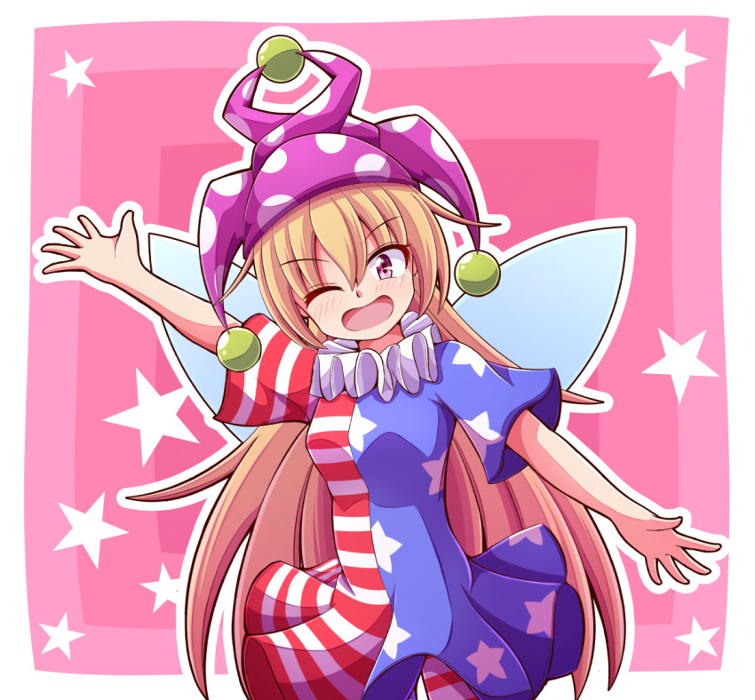 1girl american_flag_dress american_flag_pants aospanking arm_up bangs blonde_hair blush breasts clownpiece commentary_request dress eyebrows_visible_through_hair eyes_visible_through_hair fairy_wings hair_between_eyes hand_up hat jester_cap long_hair looking_at_viewer medium_breasts neck_ruff one_eye_closed open_mouth pants pink_background pink_eyes polka_dot purple_headwear short_sleeves smile solo standing star_(symbol) star_print starry_background striped striped_dress striped_pants touhou wings