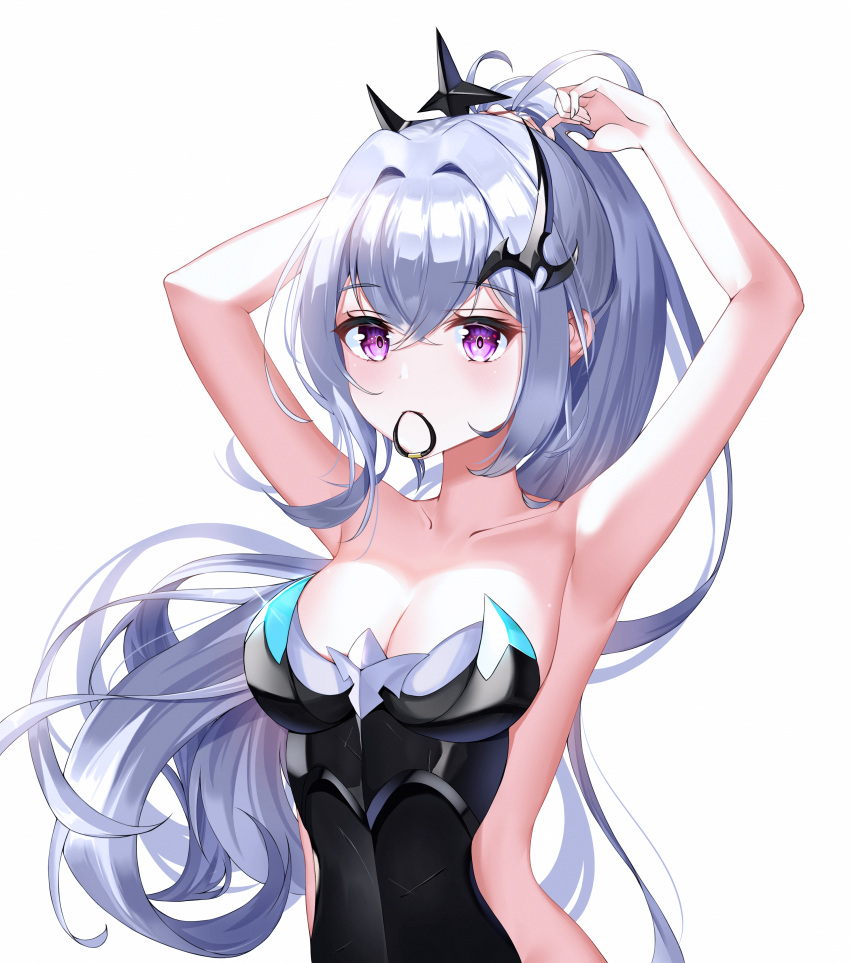 1girl absurdres armpits breasts chanpower233 crown epic_seven grey_hair hair_ornament highres leotard looking_at_viewer pale_skin ponytail revealing_clothes senya_(epic_seven) silver_hair violet_eyes wing_hair_ornament