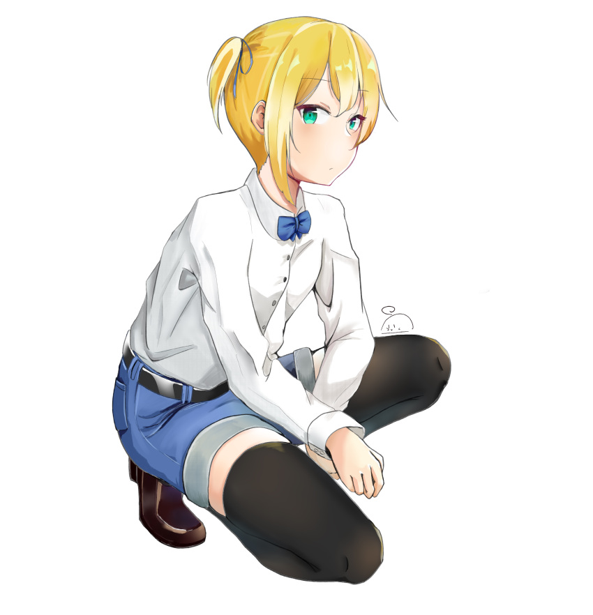 1girl absurdres black_legwear blonde_hair blue_bow blush bow bowtie brown_footwear expressionless girls_frontline green_eyes highres kneeling loafers looking_at_viewer shirt shoes shorts side_ponytail solo thigh-highs tomber welrod_mkii_(girls'_frontline) white_background white_shirt