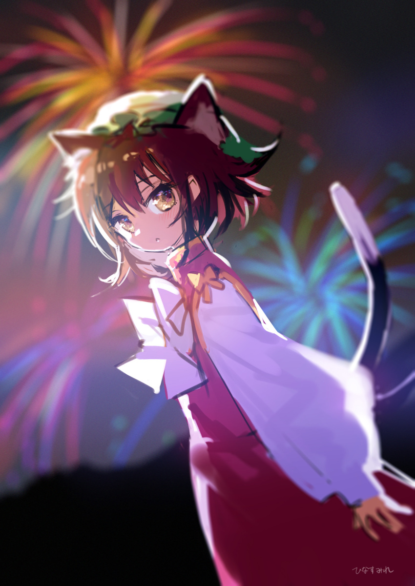 1girl :&lt; absurdres animal_ear_fluff animal_ears bangs blurry bow bowtie brown_eyes brown_hair cat_ears cat_tail chen cowboy_shot depth_of_field dress dutch_angle expressionless extra_ears eyebrows_visible_through_hair fireworks from_side hat highres hinasumire long_sleeves looking_at_viewer mob_cap multiple_tails nekomata night night_sky outdoors puffy_long_sleeves puffy_sleeves red_dress short_hair sky solo standing tail touhou two_tails white_bow white_bowtie