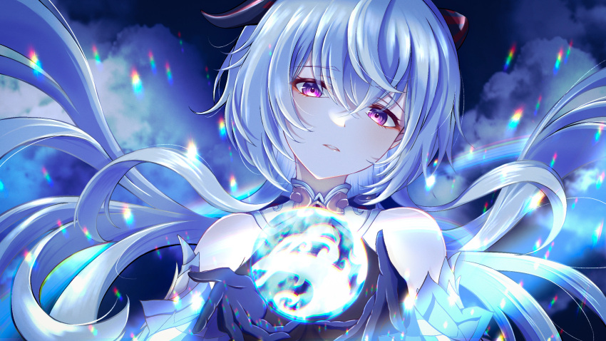 1girl bangs bare_shoulders black_gloves blue_hair detached_sleeves eyebrows_visible_through_hair ganyu_(genshin_impact) genshin_impact gloves highres long_hair looking_at_another magic nisikm orb sidelocks solo upper_body very_long_hair violet_eyes wind