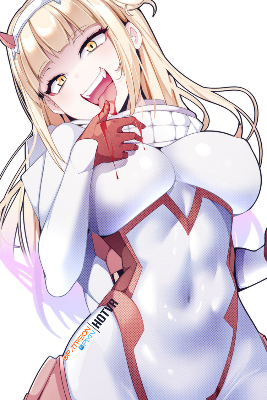 1girl bangs blonde_hair blood blunt_bangs bodysuit boku_no_hero_academia breasts commentary cosplay covered_navel darling_in_the_franxx english_commentary eyebrows_visible_through_hair fangs hand_up highres hot_vr large_breasts licking licking_finger long_hair looking_at_viewer patreon_logo patreon_username pixiv_logo pixiv_username simple_background smile solo teeth toga_himiko tongue tongue_out upper_teeth white_bodysuit yellow_eyes zero_two_(darling_in_the_franxx) zero_two_(darling_in_the_franxx)_(cosplay)