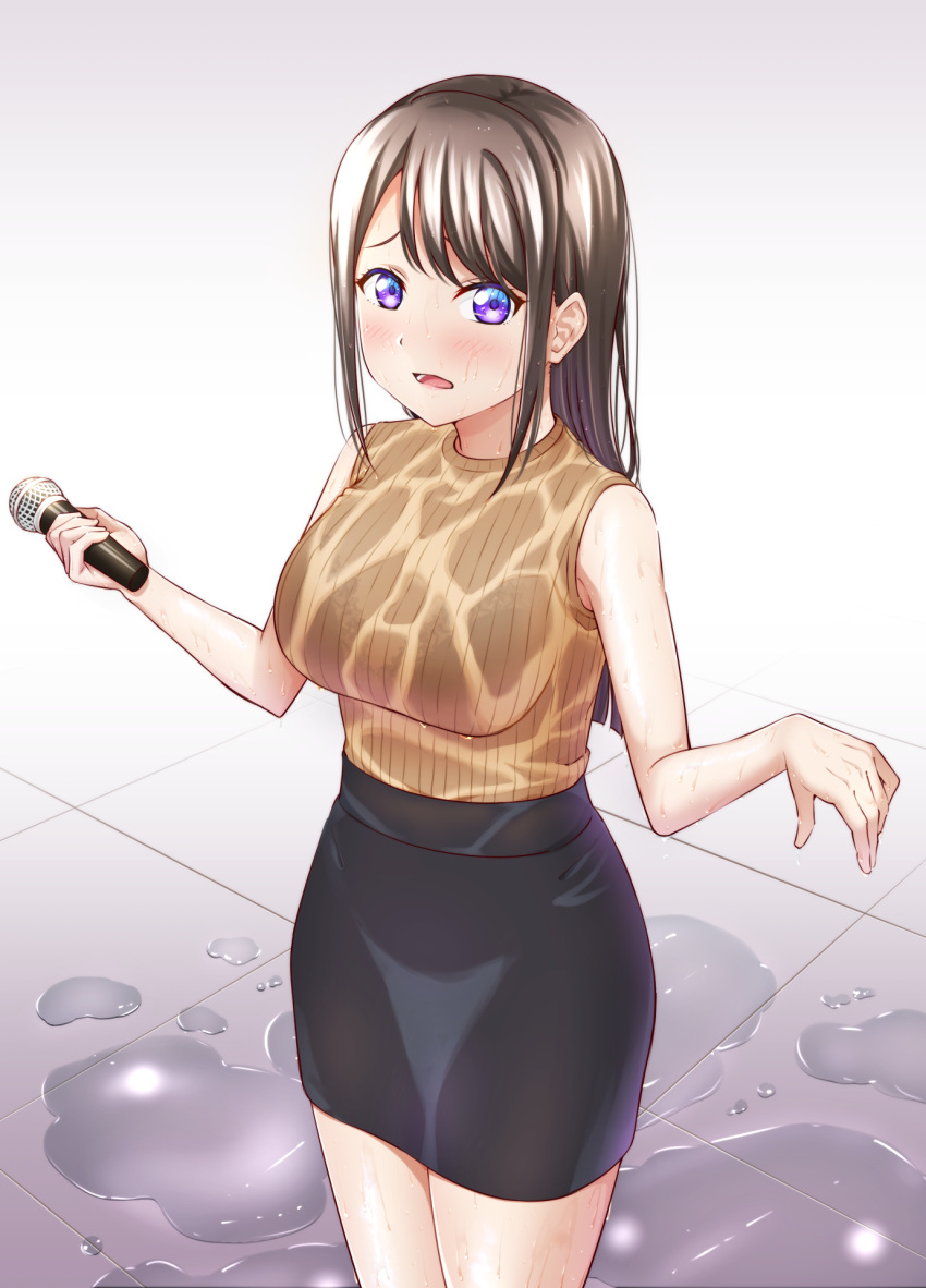 1girl bangs bare_arms bare_shoulders black_skirt blush bra_visible_through_clothes breasts brown_hair cowboy_shot d: dripping hair_behind_ear hands_up high-waist_skirt highres holding holding_microphone large_breasts long_hair looking_at_viewer mibushiro microphone original outstretched_arms pencil_skirt ribbed_sweater see-through sidelocks skirt sleeveless sleeveless_sweater solo spread_arms standing sweater tile_floor tiles violet_eyes water wet wet_clothes wet_skirt yellow_sweater