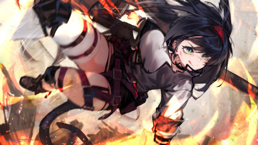 1girl absurdres action arknights arm_support belt blaze_(arknights) blue_eyes bow breasts chainsaw hair_bow highres jacket jumping large_breasts libiadan licking_lips purple_hair single_thighhigh solo tail thigh-highs thigh_strap tongue tongue_out white_legwear