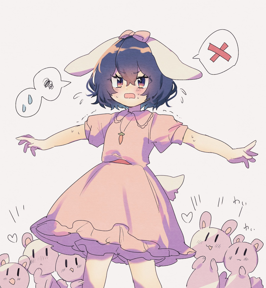 animal_ears black_hair bow carrot_necklace cowboy_shot dress flying_sweatdrops grey_background haruwaka_064 heart highres inaba_mob_(touhou) inaba_tewi open_mouth outstretched_arms pink_bow pink_dress rabbit_ears rabbit_tail short_hair short_sleeves simple_background spoken_squiggle spoken_sweatdrop spoken_x spread_arms squiggle sweatdrop tail touhou trembling