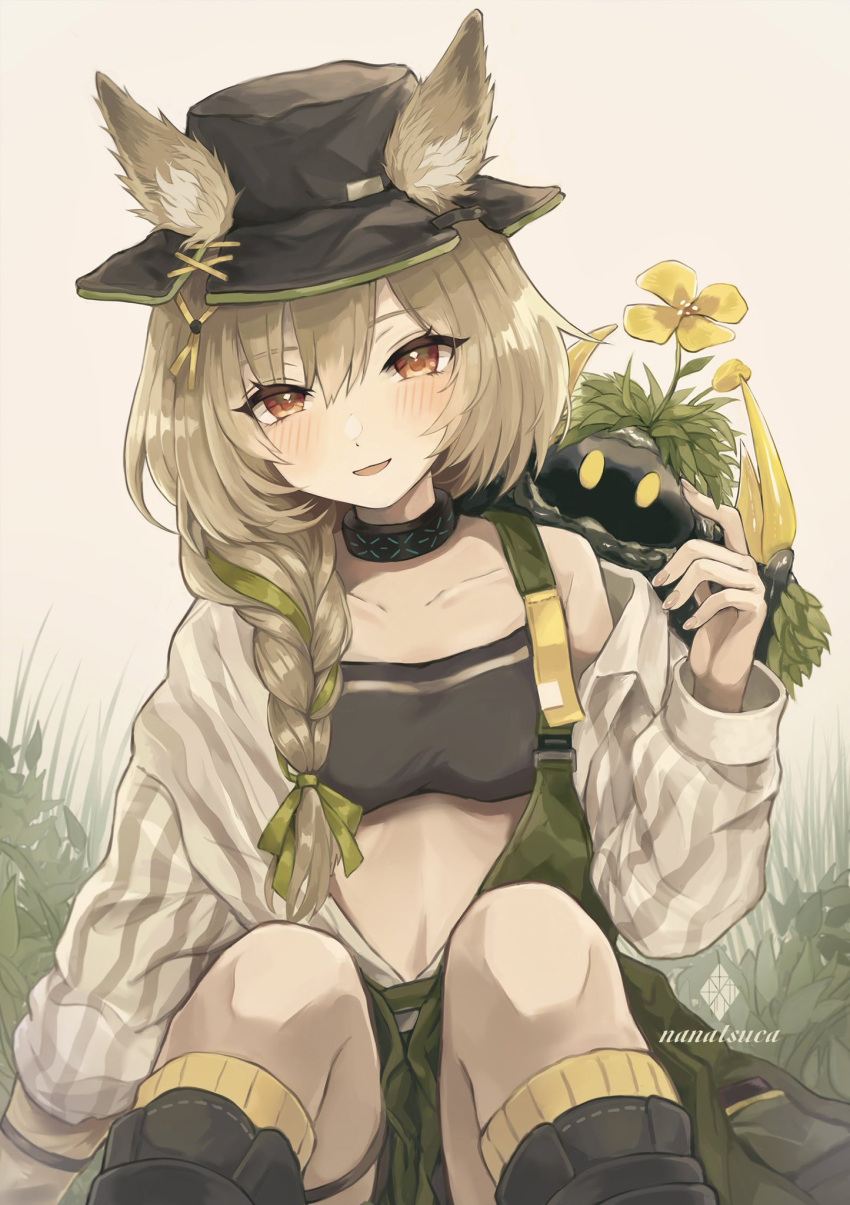 1girl :d animal_ears arknights artist_name bandeau bangs bare_shoulders beanstalk_(arknights) black_choker black_headwear blush braid brown_eyes choker commentary_request ears_through_headwear eyebrows_visible_through_hair fedora feet_out_of_frame green_ribbon grey_background grey_hair grey_shirt hair_between_eyes hair_ribbon hand_up hat highres infection_monitor_(arknights) long_hair looking_at_viewer metal_crab_(arknights) midriff nanatsuka navel off_shoulder open_clothes open_shirt partial_commentary ribbon shirt signature single_braid sitting smile solo stomach strapless striped striped_shirt tube_top vertical-striped_shirt vertical_stripes