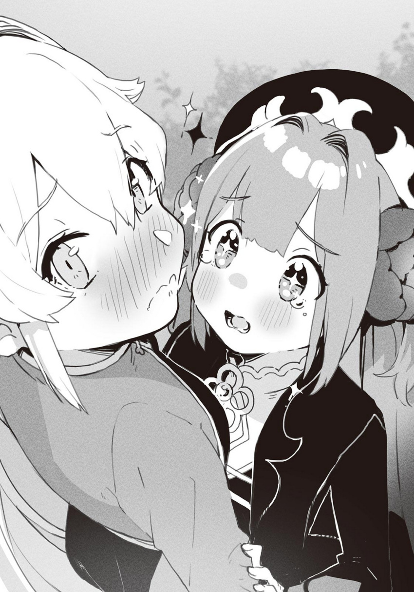 2girls bachou_(touhakuden) bangs child closed_mouth eyebrows_visible_through_hair hair_intakes hand_on_another's_arm hat height_difference highres kanzarin long_hair looking_at_another looking_to_the_side looking_up monochrome multiple_girls non-web_source novel_illustration official_art parted_lips ponytail sparkle touhaku_(touhakuden) touhakuden