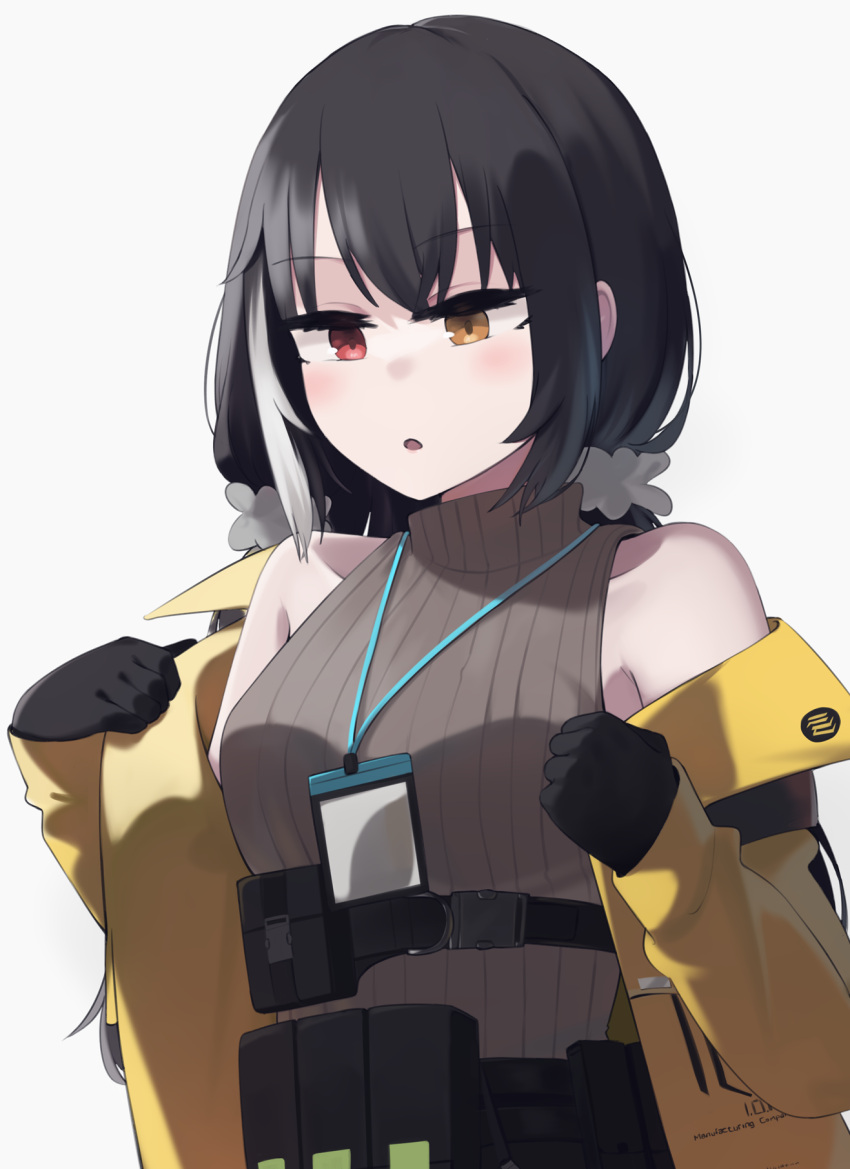 1girl :o ammunition_belt ammunition_pouch bangs black_gloves black_hair blush breasts brown_sweater_vest eyebrows_visible_through_hair girls_frontline gloves hair_ornament hairclip heterochromia highres hinami047 id_card jacket jacket_pull long_hair looking_down medium_breasts multicolored_hair open_clothes open_jacket open_mouth pouch red_eyes ro635_(girls'_frontline) solo sweater_vest upper_body white_background yellow_eyes yellow_jacket