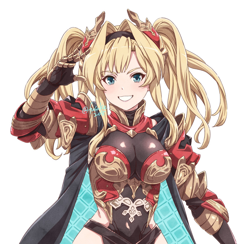 1girl armor blonde_hair blush breasts character_request copyright_request cowboy_shot eyebrows fuusuke_(fusuke208) granblue_fantasy hair_intakes highres large_breasts smile solo twitter_username two_side_up upper_body white_background zeta_(granblue_fantasy)