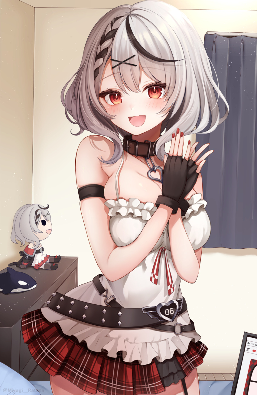 1girl :d arm_strap bangs bedroom belt black_belt black_collar black_gloves black_hair blush braid breasts camisole collar commentary_request cowboy_shot curtains eyebrows_visible_through_hair fingerless_gloves gloves grey_hair hair_ornament hands_up heart_pendant highres hololive large_breasts looking_at_viewer miniskirt miyagi_ratona multicolored_hair open_mouth own_hands_together plaid plaid_skirt red_eyes red_nails red_skirt sakamata_chloe short_hair skirt smile solo streaked_hair stuffed_orca stuffed_toy virtual_youtuber white_camisole x_hair_ornament