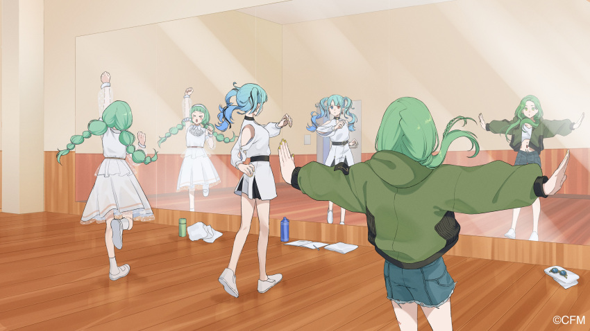 &gt;_&lt; &gt;o&lt; 3girls absurdres angel_hair_(vocaloid) aqua_hair arm_up belt black_belt blue_eyes blue_hair blue_shorts bottle braid clenched_hand closed_mouth commentary_request creator_connection dance_studio dancing denim denim_shorts dilemma_(vocaloid) dress earrings eyewear_removed from_behind full_body green_eyes green_hair green_jacket hairband hatsune_miku heart heart_earrings heterochromia high-waist_shorts highres jacket jewelry long_hair long_sleeves low_twintails mirror multi-tied_hair multicolored_hair multiple_girls multiple_persona outstretched_arms pearl_hair_ornament puffy_long_sleeves puffy_sleeves red_eyes reflection rozu_ki see-through_sleeves shirt shoes shorts socks standing standing_on_one_leg streaked_hair sunglasses towel twintails u_(vocaloid) very_long_hair vocaloid water_bottle white_dress white_footwear white_hairband white_legwear white_shirt white_shorts wooden_floor