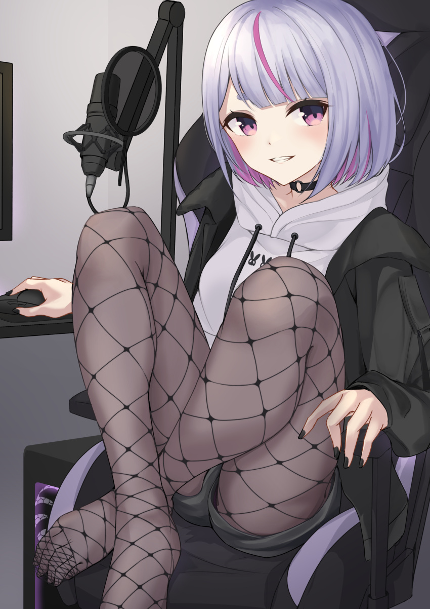 1girl absurdres at_computer black_choker black_jacket black_legwear black_nails black_shorts cattleya_regina_games chair choker colored_inner_hair computer crossed_ankles desk fishnet_legwear fishnets gaming_chair highres hood hoodie jacket legs long_sleeves looking_at_viewer microphone microphone_stand monitor mouse_(computer) multicolored_hair open_clothes open_jacket panties panty_peek pantyhose pink_hair purple_panties short_eyebrows short_hair short_shorts shorts silver_hair sitting solo streaked_hair tosaki_mimi underwear unidon_48 virtual_youtuber vspo! white_hoodie