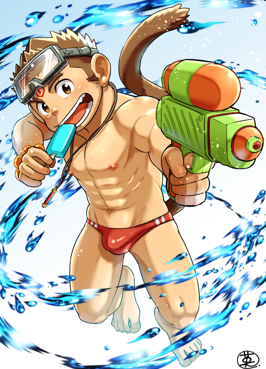 1boy abs bare_pectorals commentary_request ei_(marutendon) food highres holding looking_at_viewer male_focus male_swimwear monkey_boy monkey_tail muscular muscular_male muscular_shota original pectorals popsicle short_hair solo spiky_hair swim_briefs tail teeth water water_gun