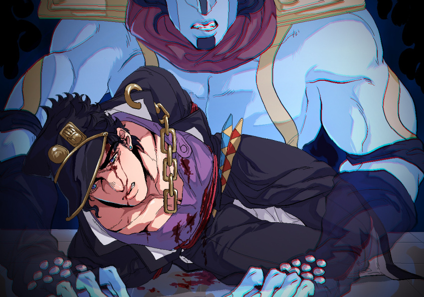 2boys armor arms_behind_back black_hair blood blood_on_clothes blood_on_face blue_eyes blue_skin blue_skirt bound bound_arms chain chromatic_aberration clenched_teeth colored_skin fingerless_gloves gakuran gloves hat head_out_of_frame jojo_no_kimyou_na_bouken kujo_jotaro less_end long_coat male_focus multiple_boys pauldrons school_uniform shibari shibari_over_clothes shoulder_armor skirt star_platinum stardust_crusaders teeth translucent