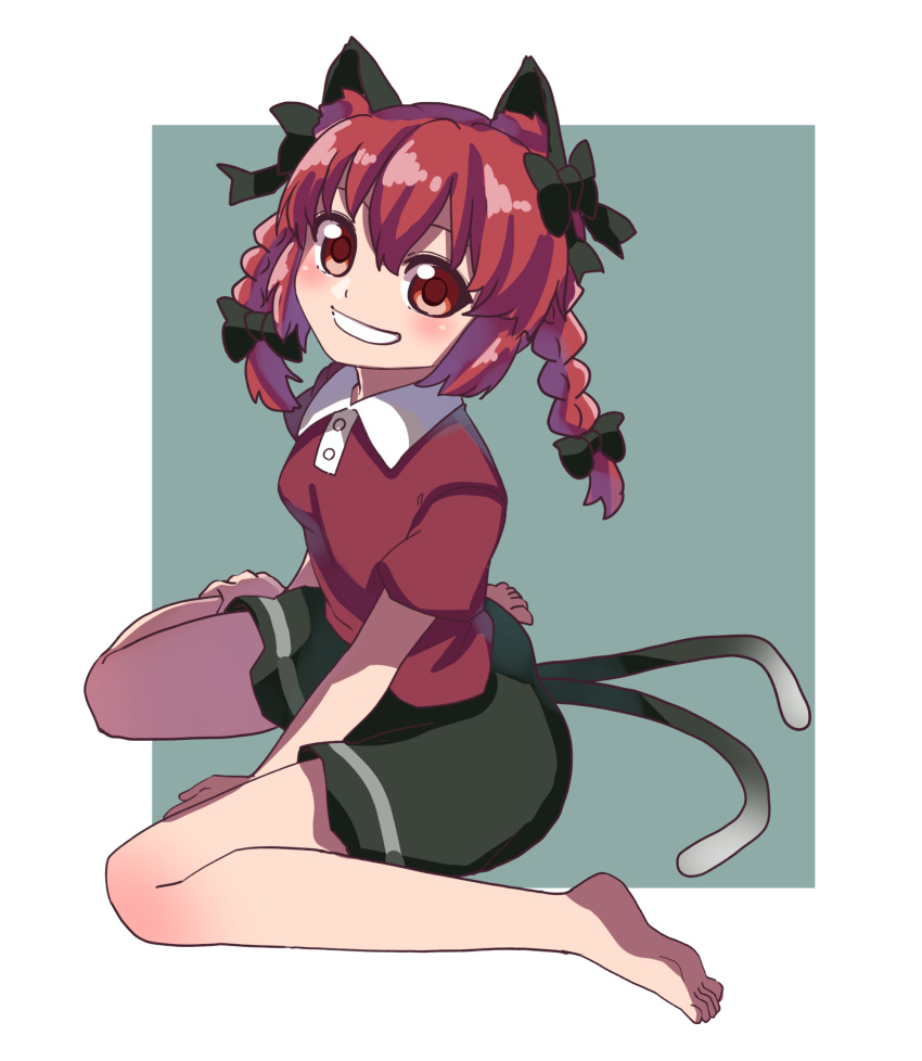1girl alternate_costume animal_ear_fluff animal_ears barefoot between_legs black_bow black_skirt blush border bow braid breasts cat_ears cat_tail eyebrows_behind_hair full_body grin hair_between_eyes hair_bow hair_ribbon hand_between_legs highres kaenbyou_rin long_hair looking_at_viewer multiple_tails nekomata outside_border puffy_short_sleeves puffy_sleeves red_eyes red_shirt redhead renshirenji ribbon shirt short_sleeves sitting skirt small_breasts smile soles solo tail toes touhou tress_ribbon twin_braids twintails two_tails wariza white_border wing_collar
