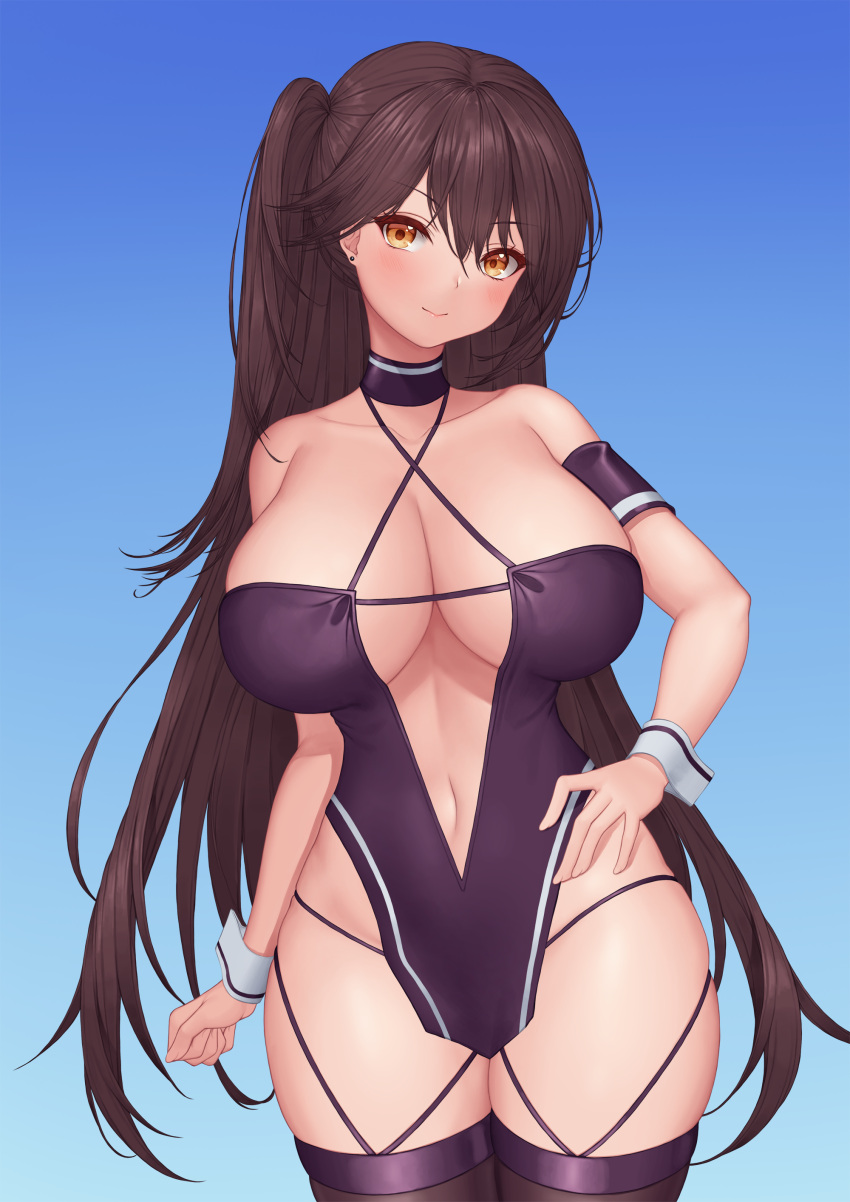 1girl absurdres azur_lane bangs black_legwear blue_background breasts brown_hair center_opening clenched_hand collarbone cowboy_shot criss-cross_halter ear_piercing eyebrows_visible_through_hair fingernails halterneck hand_on_hip highres huge_breasts long_hair multicolored_clothes multicolored_legwear navel one_side_up orange_eyes piercing pinkcap purple_legwear racequeen solo thigh-highs thighs very_long_hair wrist_cuffs zuikaku_(azur_lane) zuikaku_(the_wind's_true_name)_(azur_lane)