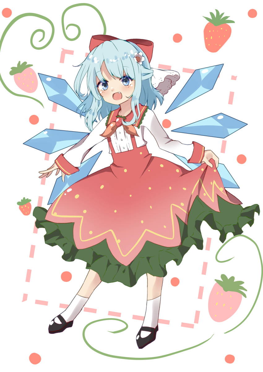 1girl absurdres bangs black_footwear blue_eyes blush bow center_frills cirno commentary dress eyebrows_visible_through_hair fang flower food food_print frills fruit full_body hair_bow hair_flower hair_ornament highres ice ice_wings light_blue_hair long_sleeves mary_janes medium_hair open_mouth pahenyon pinafore_dress red_bow shirt shoes simple_background skirt_hold smile socks solo standing strawberry strawberry_day strawberry_dress strawberry_print touhou white_background white_legwear white_shirt wings