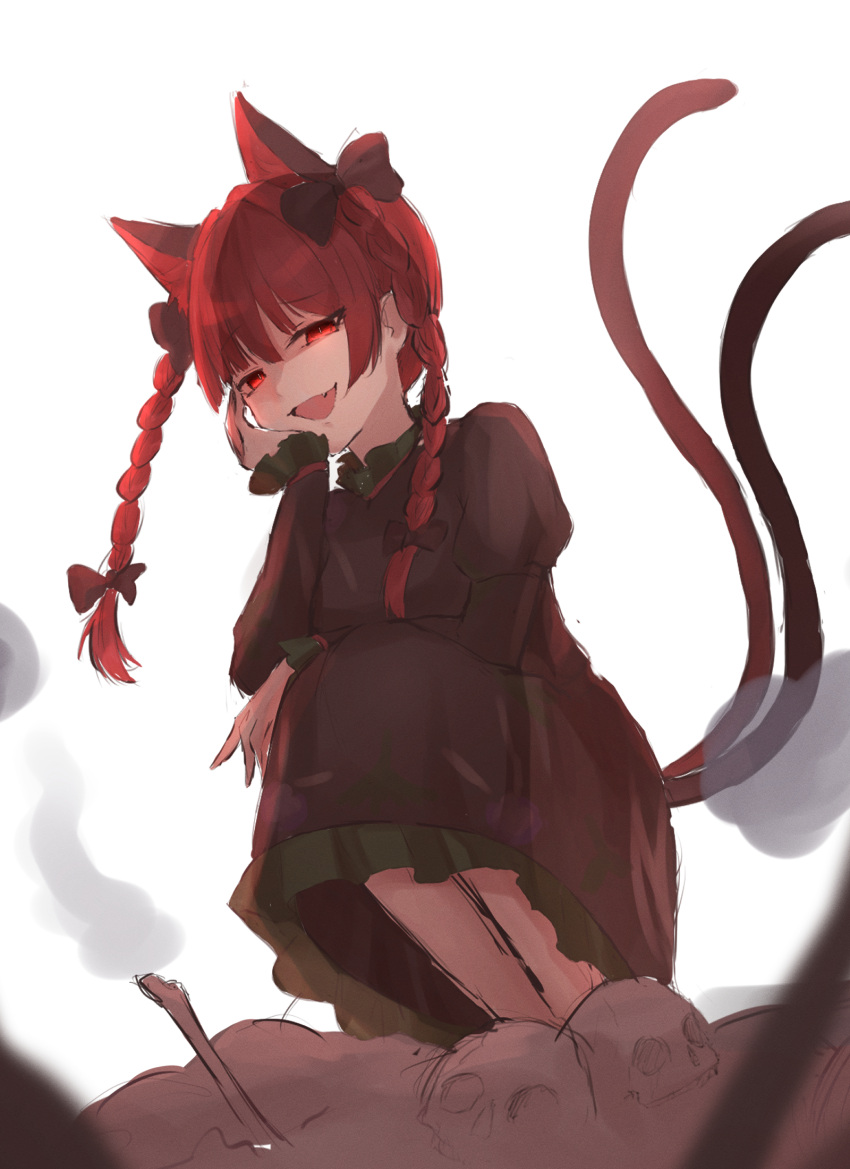 1girl :d animal_ears bangs black_bow blunt_bangs bow braid breasts cat_ears cat_tail dress extra_ears eyebrows_visible_through_hair fang glowing glowing_eyes grey_dress hair_bow hair_ribbon hand_on_own_cheek hand_on_own_face hand_up highres hitodama juliet_sleeves kaenbyou_rin knees_to_chest long_sleeves looking_at_viewer medium_breasts multiple_tails nano_popo02 nekomata one-hour_drawing_challenge open_mouth petticoat pile_of_skulls puffy_sleeves red_eyes redhead ribbon simple_background skull smile solo squatting tail touhou tress_ribbon twin_braids twintails two_tails white_background