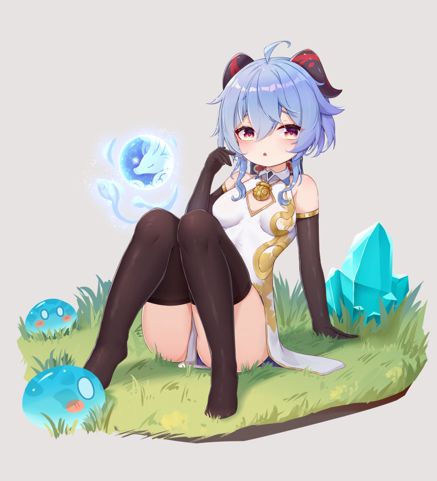 1girl :o absurdres ahoge alternate_costume arm_support bangs bell black_gloves black_legwear blue_hair blush china_dress chinese_clothes crystal dress elbow_gloves ganyu_(genshin_impact) genshin_impact gloves grass highres horns looking_at_viewer mengxin_huazha multicolored_eyes neck_bell no_shoes orb parted_lips qilin_(mythology) sidelocks sitting slime_(genshin_impact) solo thigh-highs younger