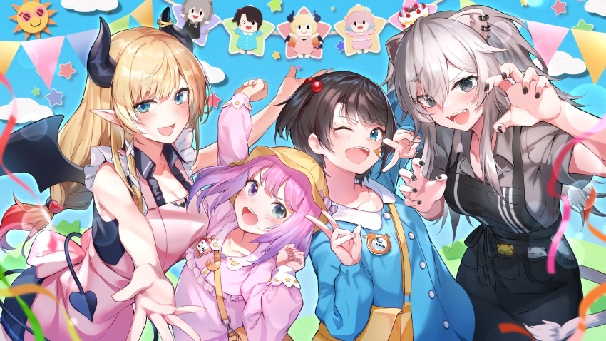 4girls absurdres alicecoco apron bag bandaid bandaid_on_face black_nails blush cake claw_pose clouds double_v food hair_bobbles hair_ornament hat highres himemori_luna hololive kindergarten_bag kindergarten_uniform multiple_girls name_tag official_art oozora_subaru outstretched_arms pennant raised_fist school_hat shishiro_botan spread_arms star_(symbol) string_of_flags sun_symbol v yuzuki_choco