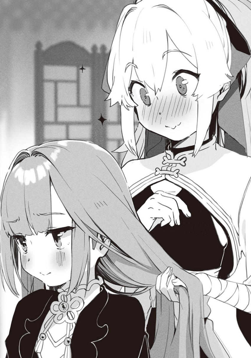 2girls bachou_(touhakuden) bandaged_arm bandages bangs blush child closed_mouth embarrassed eyebrows_visible_through_hair hair_intakes hairdressing highres holding_another's_hair kanzarin long_hair monochrome multiple_girls non-web_source novel_illustration official_art ponytail sparkle touhaku_(touhakuden) touhakuden wavy_mouth