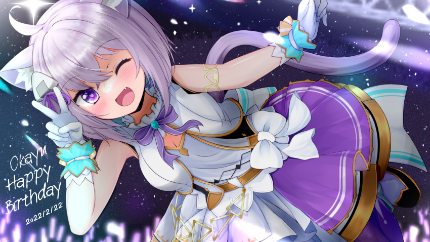 1girl ;d absurdres ahoge animal_ear_fluff animal_ears armlet bakko bangs belt blush bow bow_skirt bowtie cat_ears cat_girl cat_tail character_name crossed_bangs dutch_angle eyebrows_visible_through_hair fang gloves hair_between_eyes happy_birthday highres hololive hololive_idol_uniform idol layered_skirt looking_at_viewer miniskirt nekomata_okayu official_alternate_costume one_eye_closed purple_bow purple_bowtie purple_hair purple_skirt short_hair skirt sleeveless smile solo tail v vest violet_eyes virtual_youtuber white_bow white_gloves white_skirt white_vest wrist_cuffs