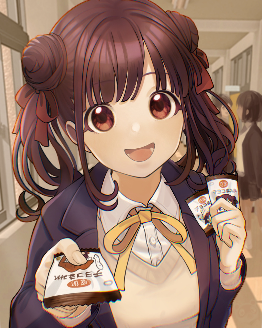 absurdres bangs black_jacket blazer blurry blurry_background brown_eyes brown_hair commentary_request double_bun giving hair_ribbon hallway highres idolmaster idolmaster_shiny_colors jacket looking_at_viewer medium_hair miniskirt neck_ribbon open_mouth ribbon school_uniform shirt skirt snack solo_focus sonoda_chiyoko sweater tanupon upper_body white_shirt yellow_ribbon