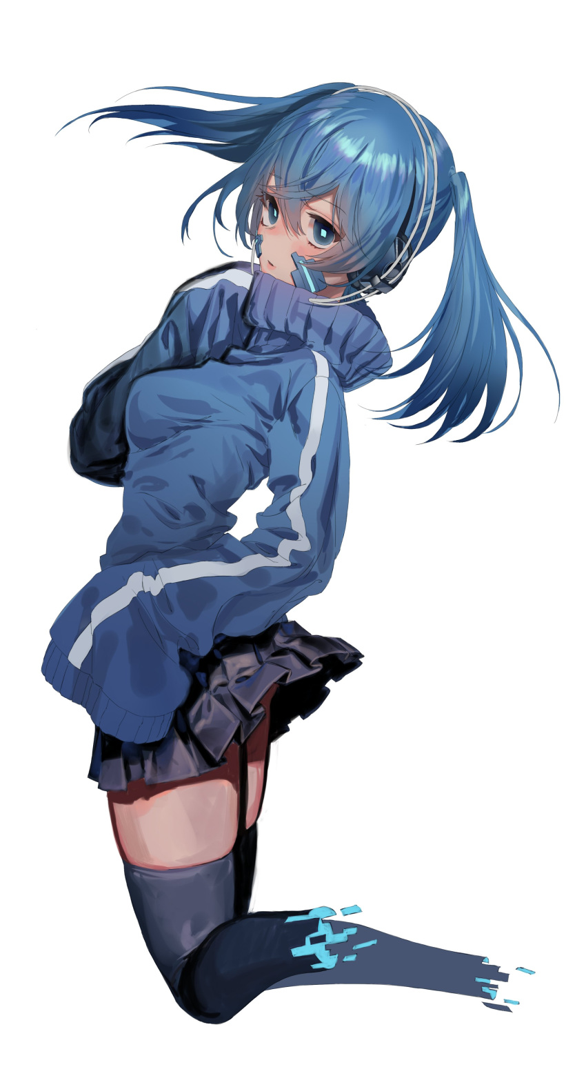 1girl absurdres amputee bangs black_legwear black_skirt blue_eyes blue_hair blush breasts commentary ene_(kagerou_project) english_commentary facial_mark floating floating_hair from_side full_body headphones highres jacket kagerou_project long_hair looking_at_viewer looking_to_the_side miniskirt oohhya pleated_skirt simple_background skindentation skirt sleeves_past_fingers sleeves_past_wrists solo thigh-highs track_jacket twintails white_background zettai_ryouiki