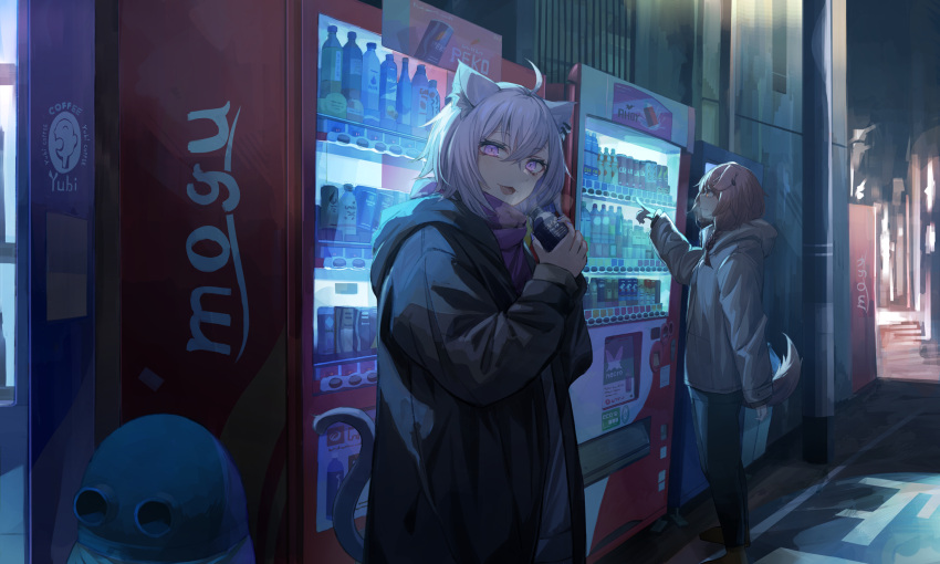 2girls ahoge animal_ears braid brown_eyes brown_hair cat_ears cat_tail coat dog_ears dog_tail drink fang highres hololive inugami_korone miyabino_(miyabi1616) multiple_girls nekomata_okayu night purple_hair purple_nails tail trash_can vending_machine violet_eyes virtual_youtuber visible_air