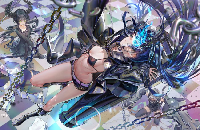 3girls arched_back arm_cannon arms_up artist_name bangs belt bikini bikini_top_only black_bikini black_coat black_dress black_footwear black_gloves black_hair black_legwear black_pants black_rock_shooter black_rock_shooter_(character) black_shorts blue_eyes blunt_bangs blurry boots breasts chain coat cracked_floor crossed_arms dead_master depth_of_field dress drill_hair eyelashes flaming_eye floating_hair from_above front-tie_top gloves glowing glowing_eye green_eyes highres holding holding_scythe holding_weapon hood hood_down hood_up hooded_coat horns knee_boots long_hair looking_at_viewer looking_up multiple_girls navel oohhya outstretched_arms pants parted_lips rubble scar scar_on_chest scythe short_shorts shorts sleeveless smile squatting standing star_(symbol) strength_(black_rock_shooter) swimsuit thigh-highs tile_floor tiles twin_drills twintails unzipped very_long_hair weapon white_hair