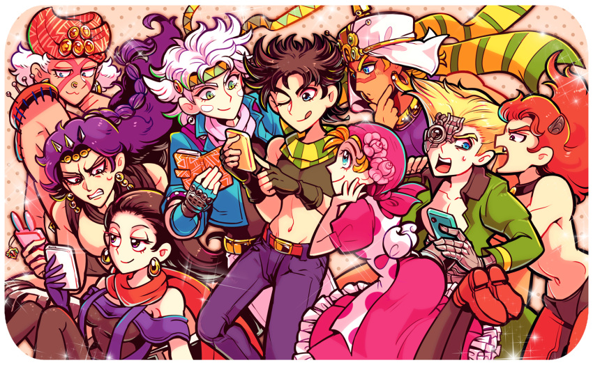 2girls 6+boys :3 :q alternate_color battle_tendency black_hair blonde_hair blue_jacket brown_hair caesar_anthonio_zeppeli cellphone chocoblood crop_top denim dress esidisi everyone facial_mark green_scarf groin headband highres horns jacket jeans jojo_no_kimyou_na_bouken joseph_joestar joseph_joestar_(young) kars_(jojo) licking_lips lisa_lisa looking_at_phone midriff multicolored_clothes multicolored_scarf multiple_boys multiple_girls one_eye_closed pants phone pincushion pink_scarf purple_hair red_dress red_scarf redhead rudolph_von_stroheim santana_(jojo) scarf smartphone stitches striped striped_scarf suzi_q time_paradox tongue tongue_out triangle_print turban wamuu white_hair yellow_scarf