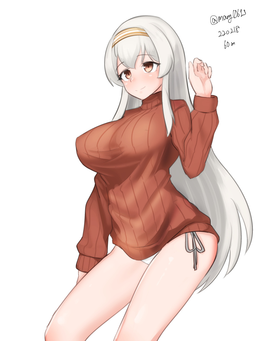 1girl absurdres bikini brown_eyes cowboy_shot cropped_legs hairband highres kantai_collection long_hair maru_(marg0613) red_sweater ribbed_sweater shoukaku_(kancolle) side-tie_bikini simple_background solo sweater swimsuit two-tone_hairband white_background white_hair