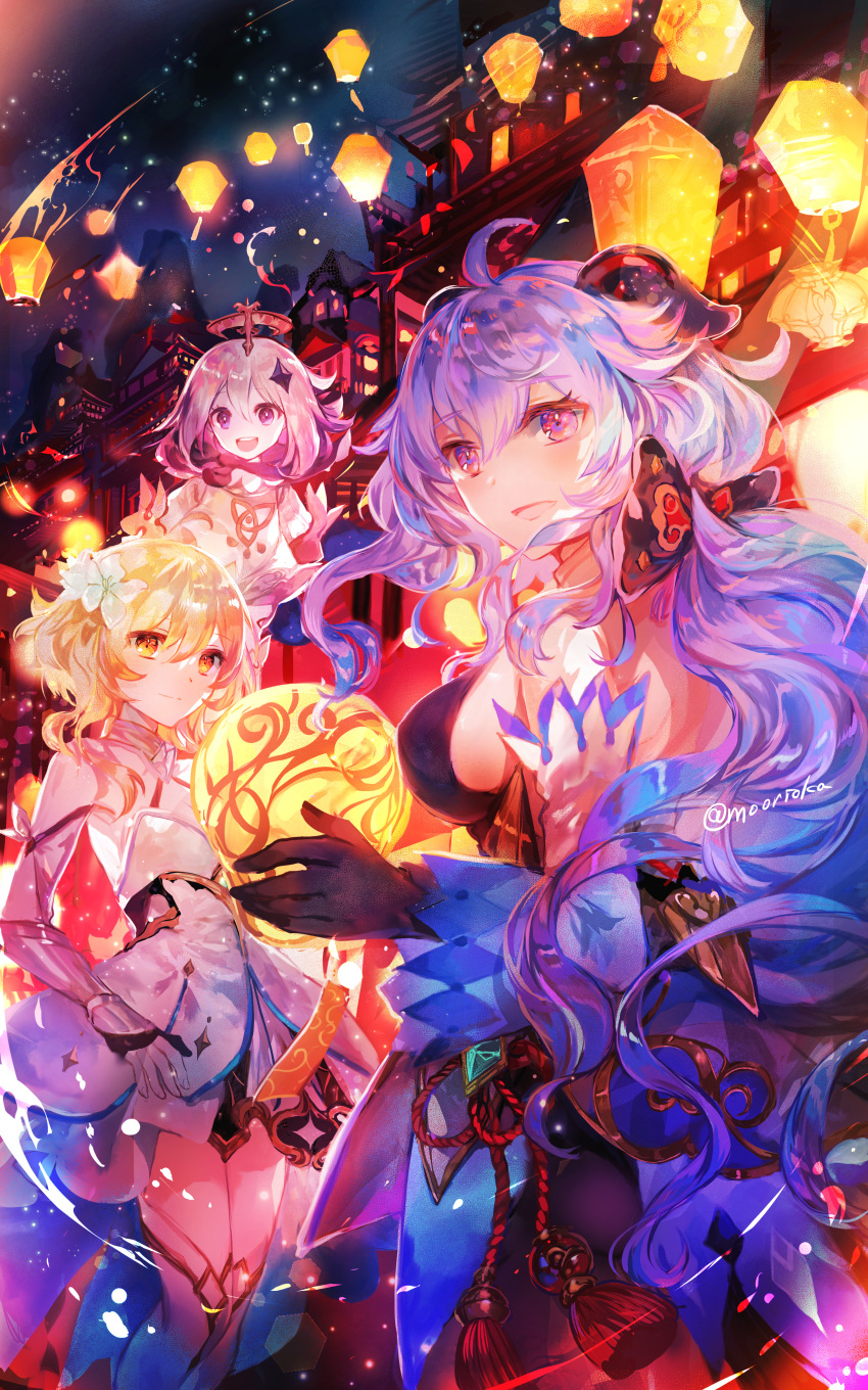 3girls absurdres ahoge artist_name back backless_outfit bangs black_gloves blonde_hair blue_hair blush bow breasts chinese_knot city detached_sleeves dress eyebrows_visible_through_hair flower flower_knot from_behind ganyu_(genshin_impact) genshin_impact gloves gold_trim hair_flower hair_ornament halo highres horns lantern long_hair looking_at_viewer low_ponytail lumine_(genshin_impact) medium_breasts multiple_girls night paimon_(genshin_impact) red_rope rioka_(southern_blue_sky) rope short_hair_with_long_locks sideboob sidelocks smile tassel thigh-highs thighs twitter_username very_long_hair violet_eyes vision_(genshin_impact) white_dress white_flower white_hair white_legwear white_sleeves yellow_eyes