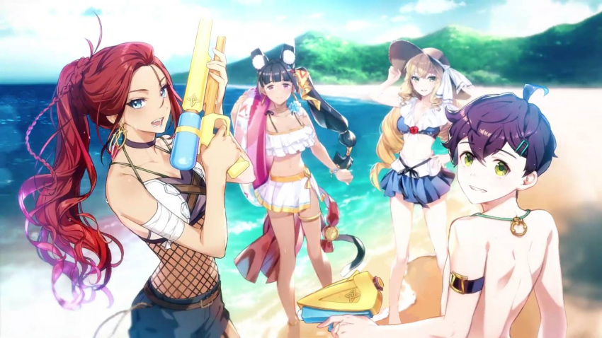 1boy 3girls aramintha_(epic_seven) beach black_hair blonde_hair blue_eyes dark-skinned_female dark_skin earrings epic_seven green_eyes hat highres jewelry lidica_(epic_seven) long_hair looking_at_viewer looking_back looking_to_the_side lots_(epic_seven) multiple_girls necklace ocean official_art pale_skin ponytail redhead rin_(epic_seven) sand short_hair smile swimsuit third-party_edit violet_eyes water_gun