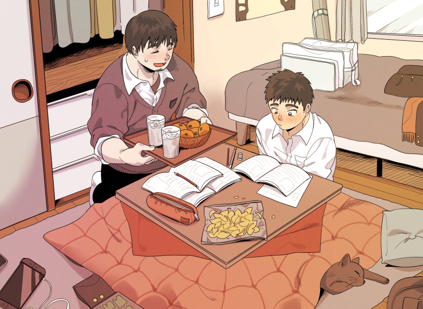 2boys animal animal_ears bed bedroom blush brown_eyes brown_hair cat cat_ears closed_eyes commentary dn_dn dress_shirt eraser facial_hair food frown fruit glass highres ice ice_cube kneeling kotatsu layered_clothing light_switch looking_down male_focus multiple_boys nintendo_switch open_mouth orange_(fruit) pencil pillow scarf shirt sleeping sliding_doors smile studying sweat sweater table tray water whiskers zipper