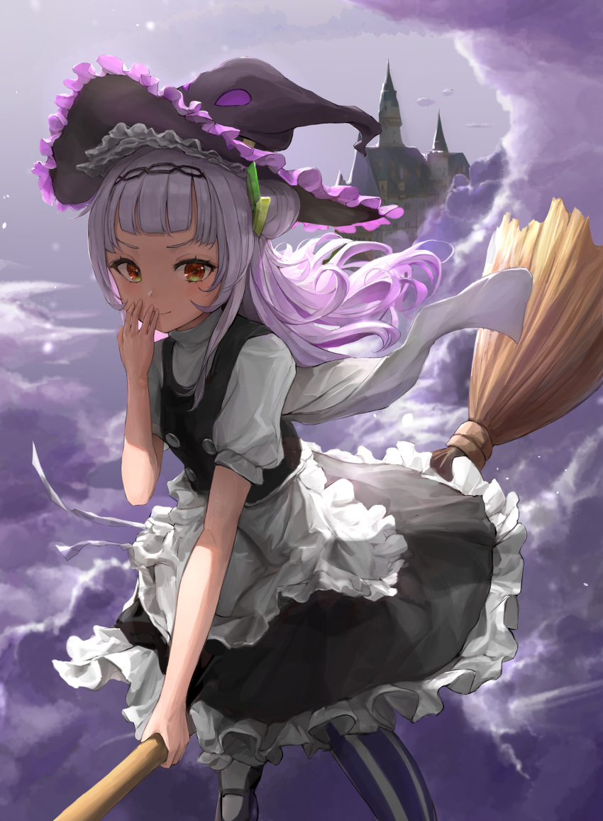 1girl absurdres apron asymmetrical_hair bangs black_footwear black_hairband black_headwear black_skirt black_vest blunt_bangs blush breasts broom broom_riding castle chan1moon closed_mouth clouds cloudy_sky commentary cosplay english_commentary eyelashes foot_out_of_frame frilled_hat frilled_skirt frills hair_bun hairband hand_to_own_mouth hat highres hololive kirisame_marisa kirisame_marisa_(cosplay) light_purple_hair long_hair looking_at_viewer maid_apron multicolored_hair murasaki_shion orange_eyes shirt shoes short_sleeves side_bun silver_hair skirt sky small_breasts smile solo striped striped_legwear touhou two-tone_hair vertical-striped_legwear vertical_stripes vest virtual_youtuber white_shirt witch_hat