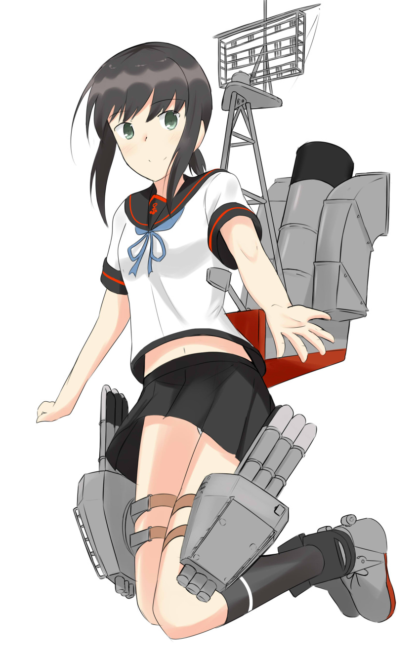 1girl black_hair black_sailor_collar black_skirt cowboy_shot fubuki_(kancolle) fubuki_(kantai_collection) highres izumisubaru kantai_collection looking_at_viewer looking_down low_ponytail machinery pleated_skirt ponytail remodel_(kantai_collection) sailor_collar school_uniform serafuku short_ponytail sidelocks simple_background skirt smokestack solo white_background