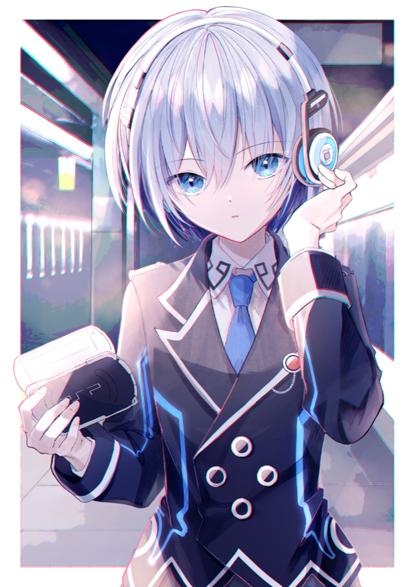 1girl absurdres androgynous blue_eyes blue_necktie commission eyebrows_visible_through_hair handheld_game_console hasibasann headphones highres jinguuji_kei looking_at_viewer necktie neptune_(series) playstation_portable short_hair silver_hair skeb_commission solo